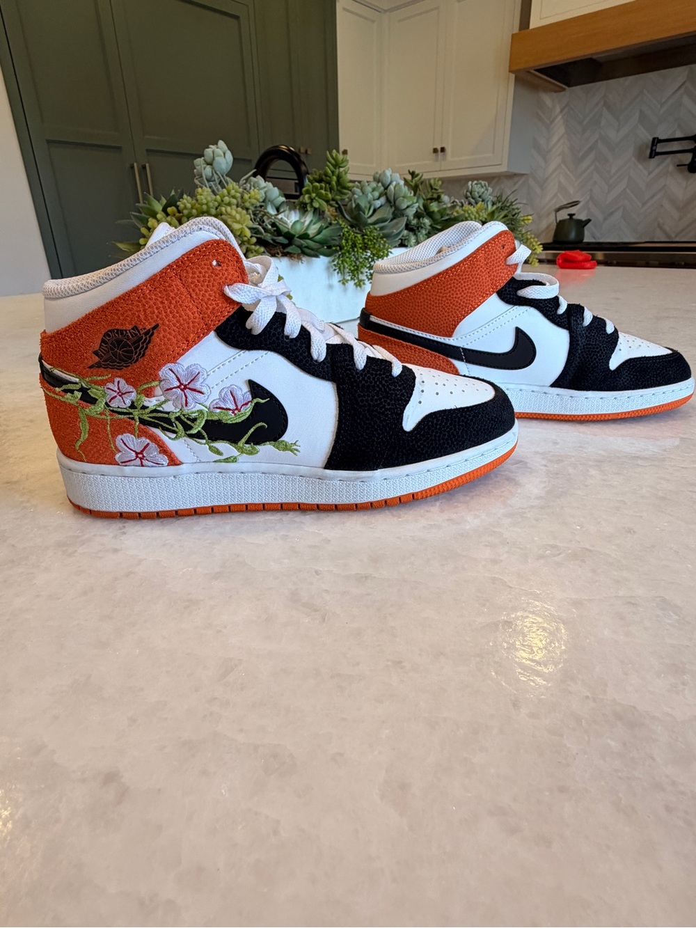 Jordan Youth Orange Black White Floral High-Top Sneakers - Basketball Leather!